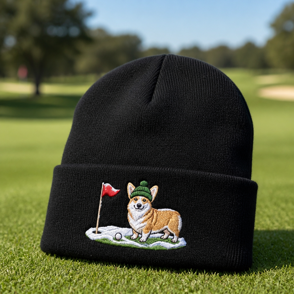 Corgi Golfer Winter Embroidered Beanie - Lifestyle, Black