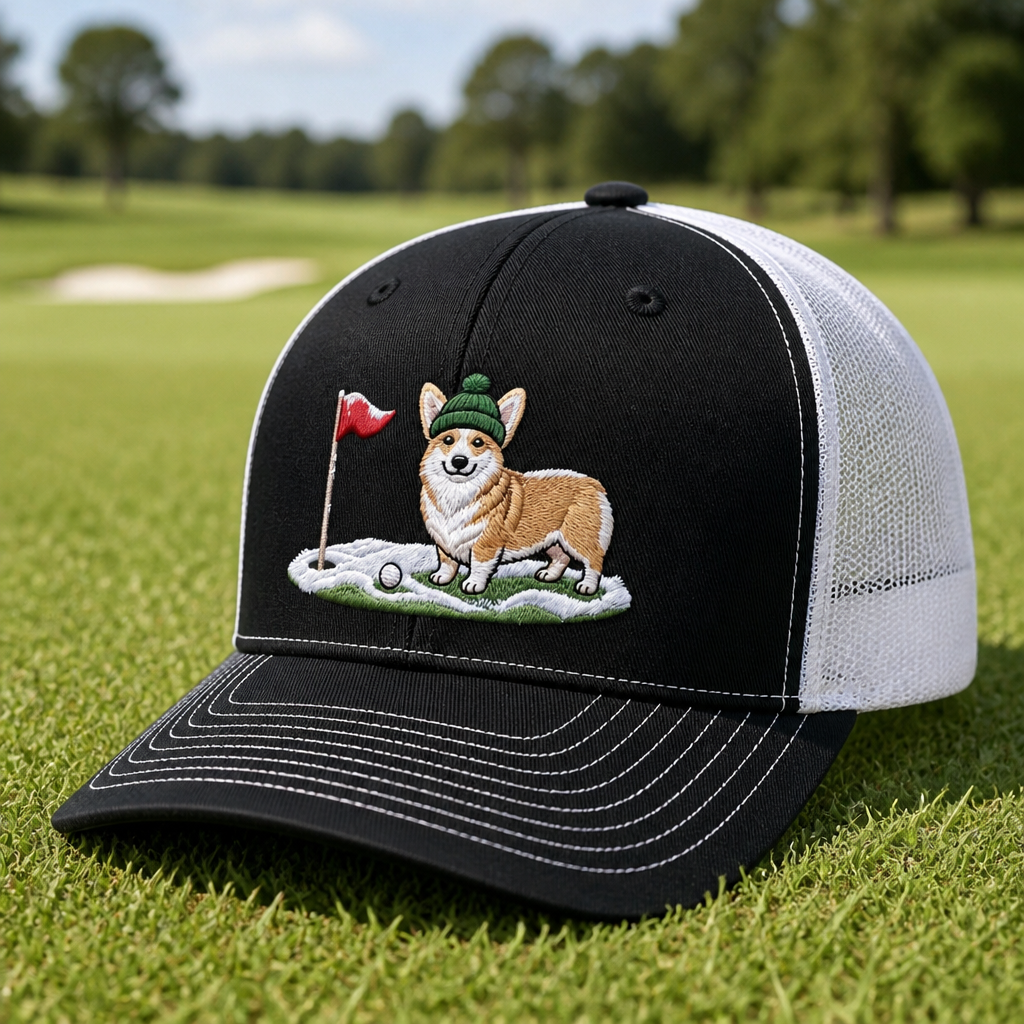 Corgi Golfer Winter Embroidered Trucker Hat - Lifestyle, Black - White