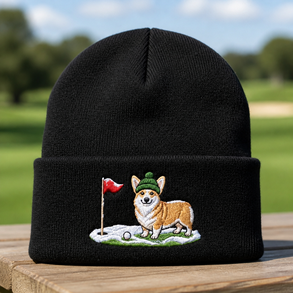 Corgi Golfer Winter Embroidered Beanie - Front View, Black