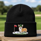 Corgi Golfer Winter Embroidered Beanie - Front View, Black