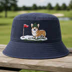 Corgi Golfer Winter Embroidered Bucket Hat - Front View, Navy