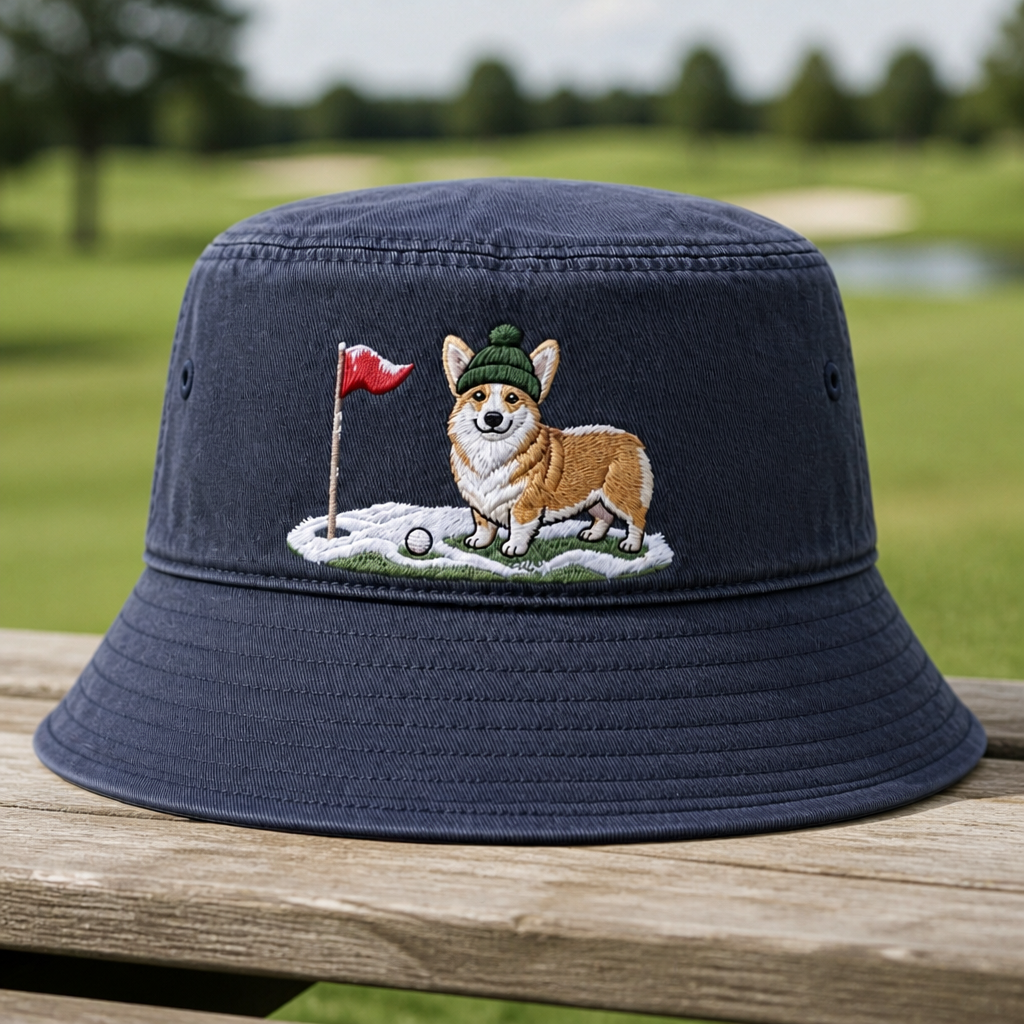Corgi Golfer Winter Embroidered Bucket Hat - Front View, Navy