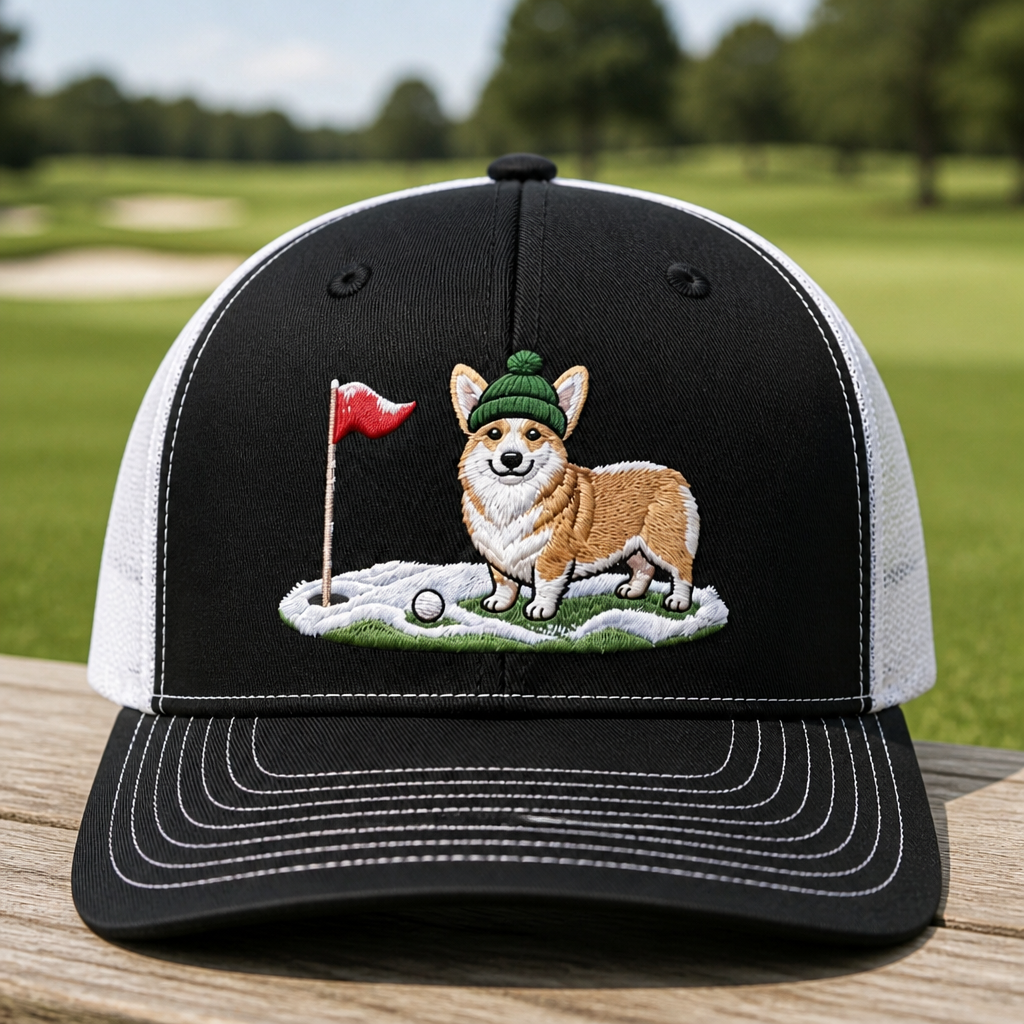 Corgi Golfer Winter Embroidered Trucker Hat - Front View, Black - White