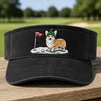 Corgi Golfer Winter Embroidered Visor - Front View, Black