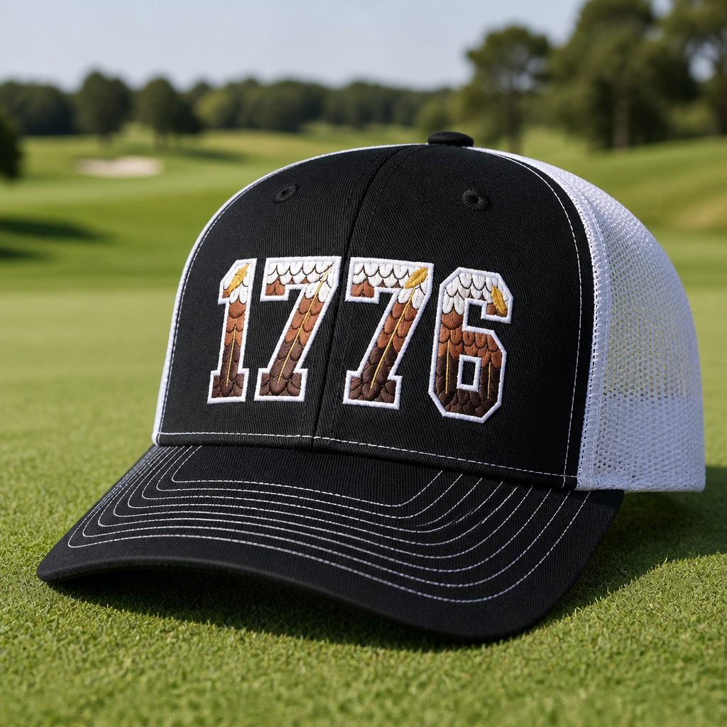 1776 Eagle Feathers Patriotic Embroidered Trucker Hat - Lifestyle, Black - White