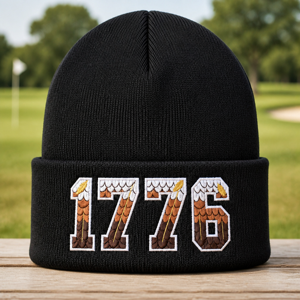 1776 Eagle Feathers Patriotic Embroidered Beanie - Front View, Black