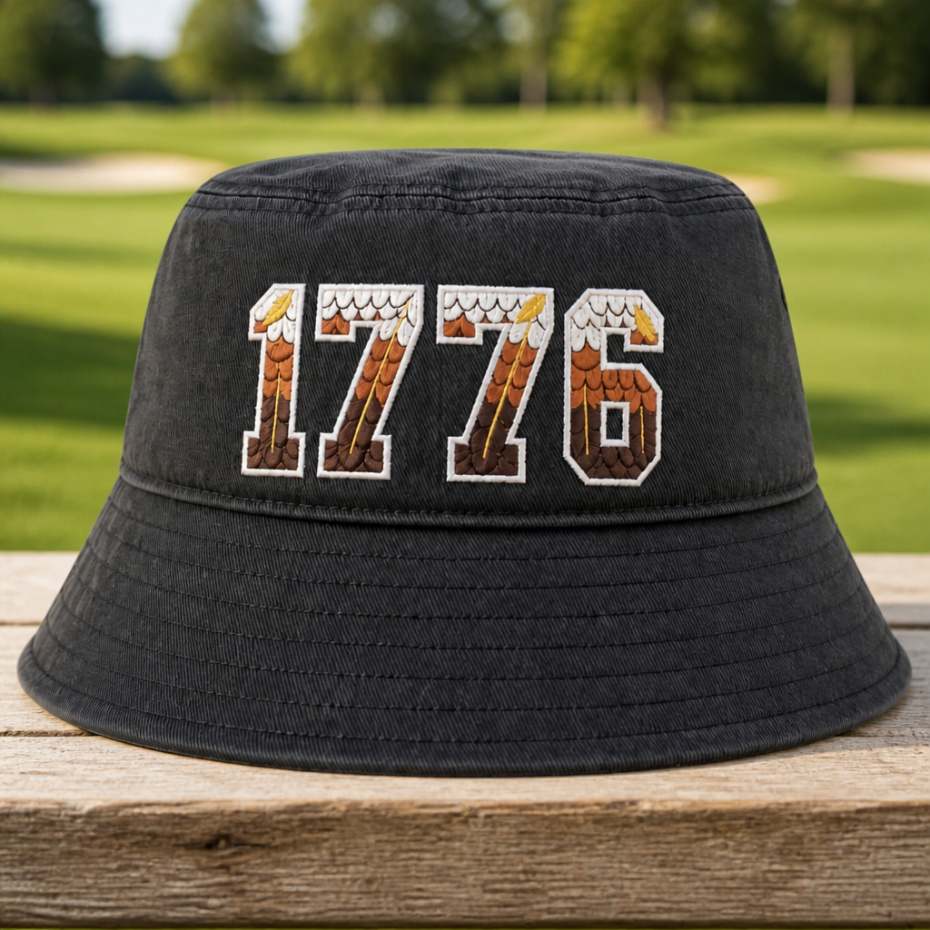 1776 Eagle Feathers Patriotic Embroidered Bucket Hat - Front View, Black