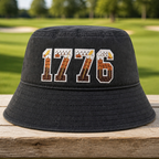 1776 Eagle Feathers Patriotic Embroidered Bucket Hat - Front View, Black