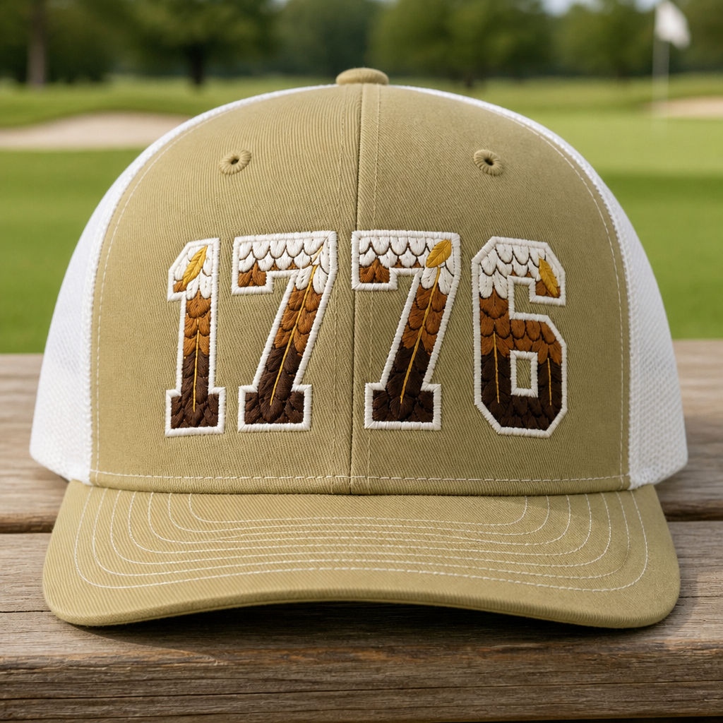 1776 Eagle Feathers Patriotic Embroidered Trucker Hat - Front View, Black - White