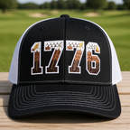 1776 Eagle Feathers Patriotic Embroidered Trucker Hat - Front View, Black - White