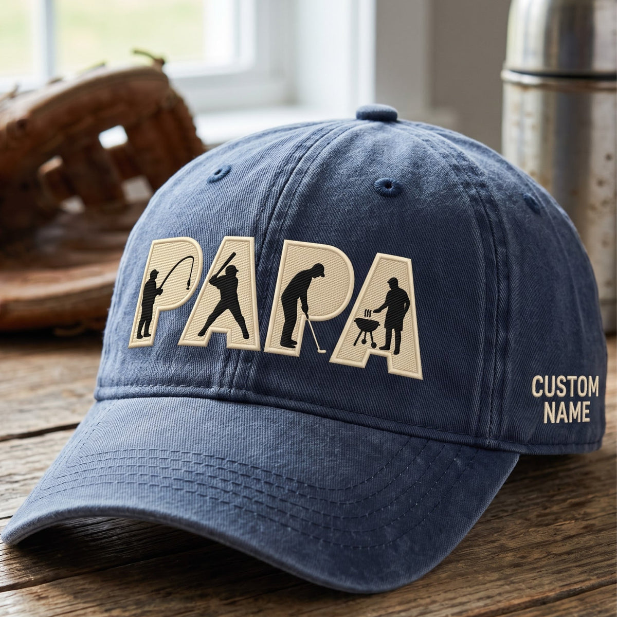 Personalized embroidered papa hat with golf, fishing, baseball and BBQ silhouettes