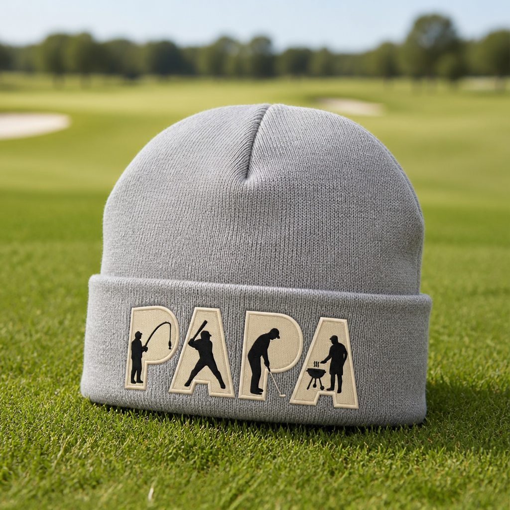 Personalized Papa Golf, Fishing & BBQ Embroidered Beanie - Lifestyle, Sport Grey