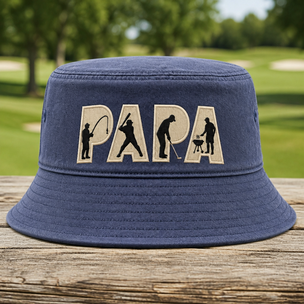 Personalized Papa Golf, Fishing & BBQ Embroidered Bucket Hat - Front View, Navy