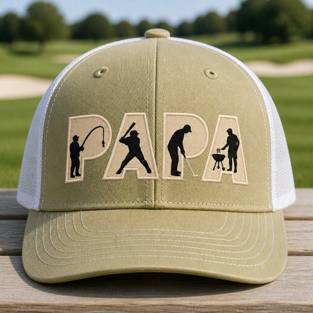 Personalized Papa Golf, Fishing & BBQ Embroidered Trucker Hat - Front View, Khaki - White