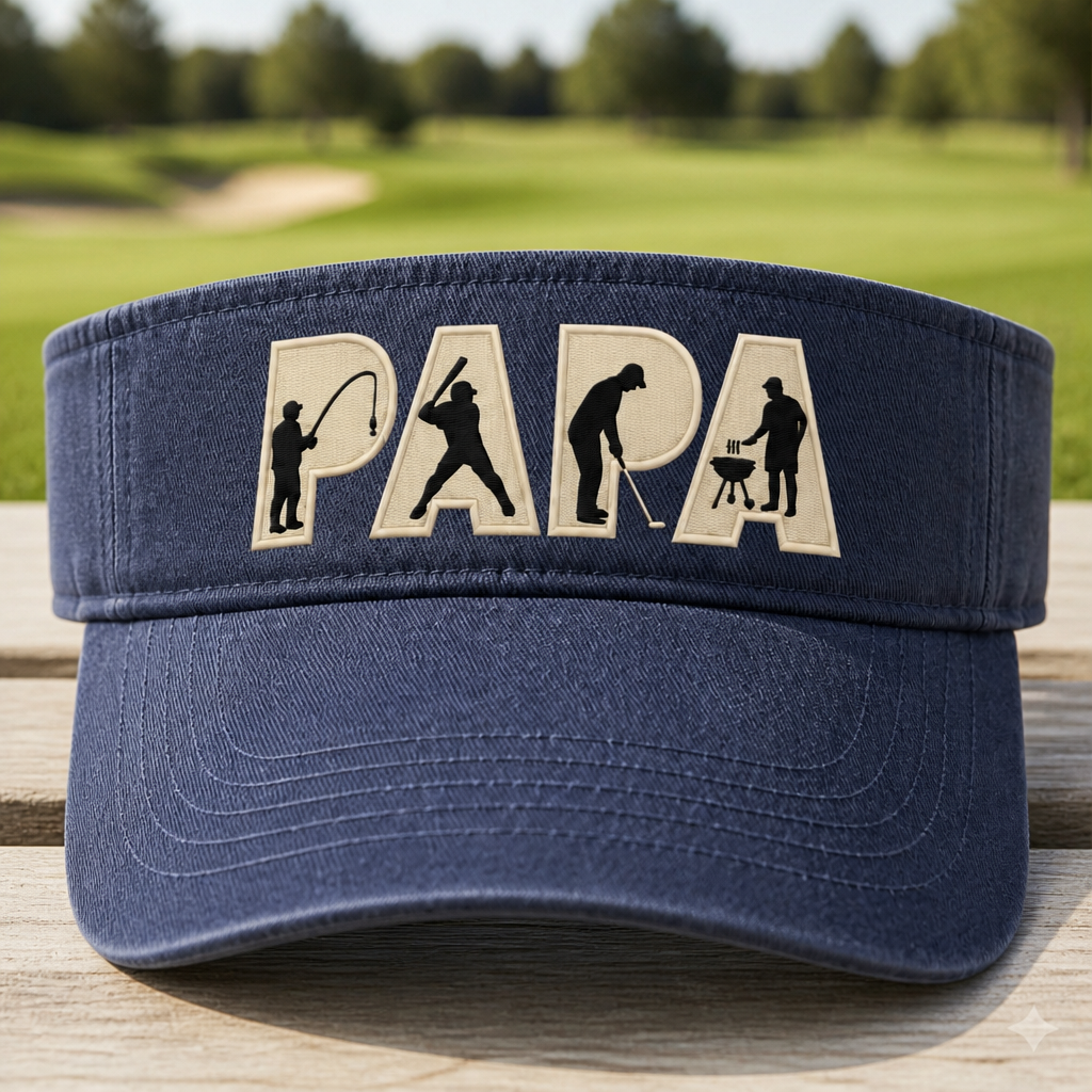 Personalized Papa Golf, Fishing & BBQ Embroidered Visor - Front View, Navy