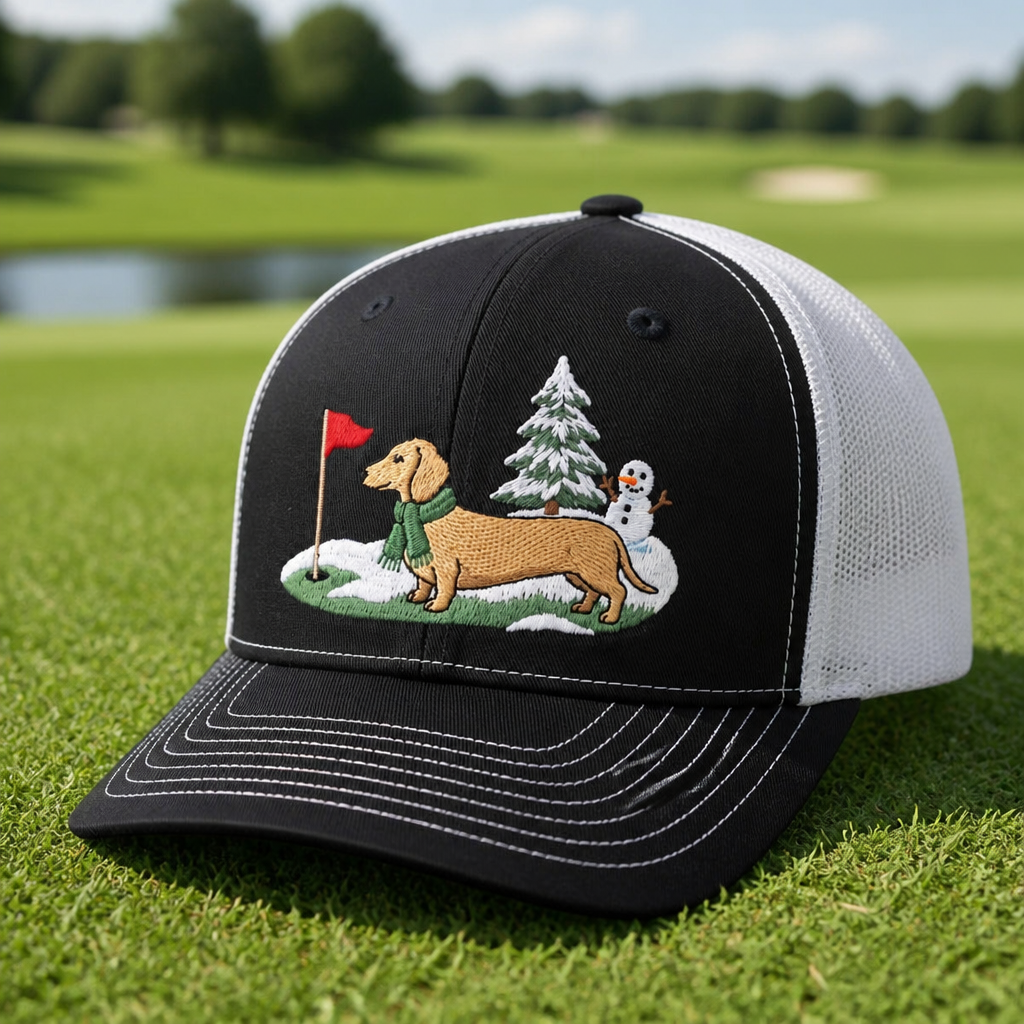 Dachshund Winter Golf Christmas Embroidered Trucker Hat - Lifestyle, Black - White