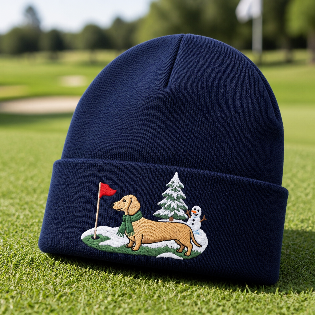 Dachshund Winter Golf Christmas Embroidered Beanie - Lifestyle, Navy