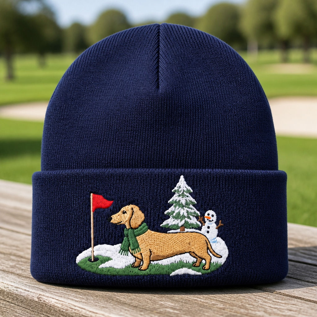 Dachshund Winter Golf Christmas Embroidered Beanie - Front View, Navy