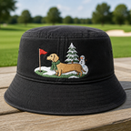 Dachshund Winter Golf Christmas Embroidered Bucket Hat - Front View, Black