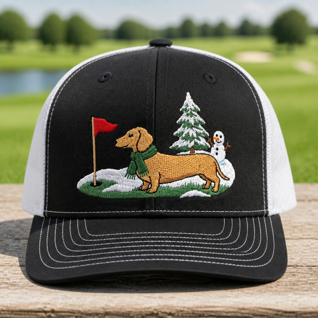 Dachshund Winter Golf Christmas Embroidered Trucker Hat - Front View, Black - White