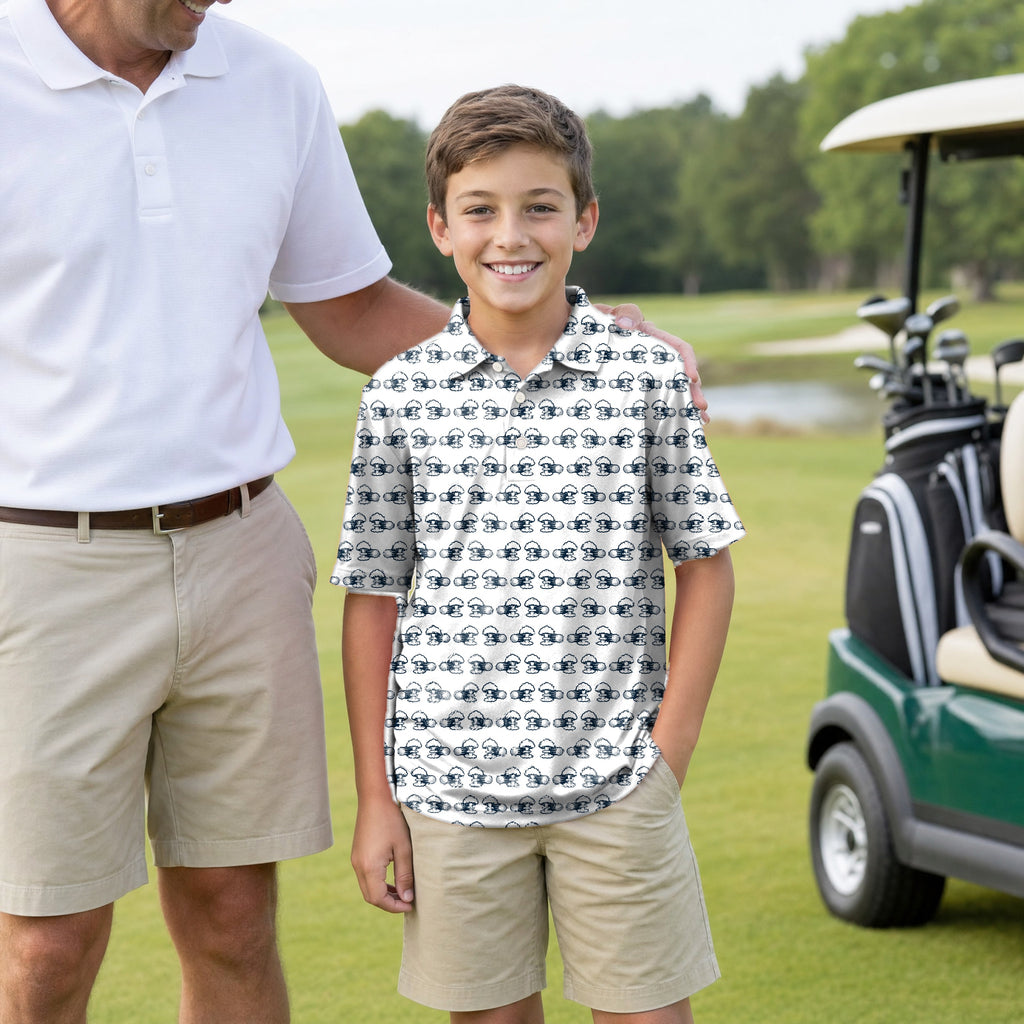 Total Tee Destruction Youth Golf Polo - Model Front with Dad