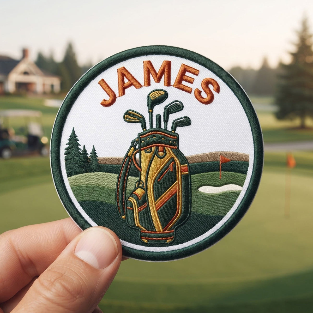 Personalized embroidered golf course patch with flag and trees