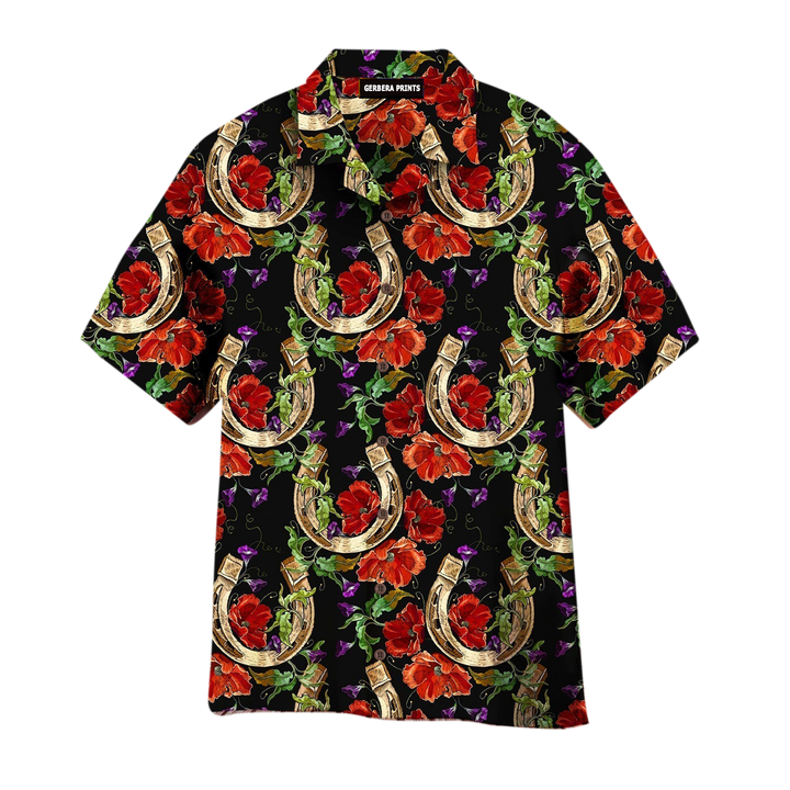 Kentucky Derby Gold Horseshoe Red Poppies Flowers Aloha Hawaiian Shirts For Men & For Women | WT6268-Colorful-Gerbera Prints.