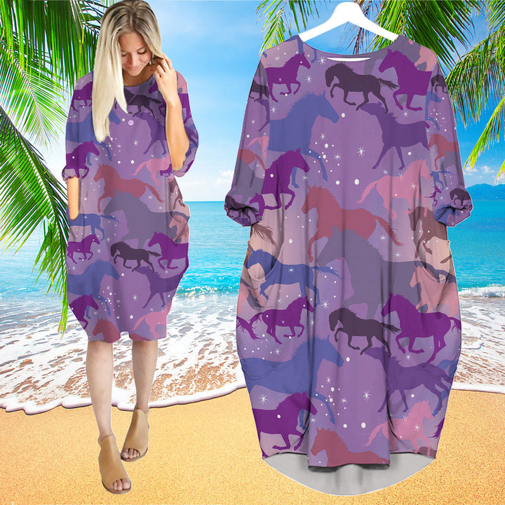 Kentucky Derby Purple Horses Long Sleeve Midi Dress | MD1157