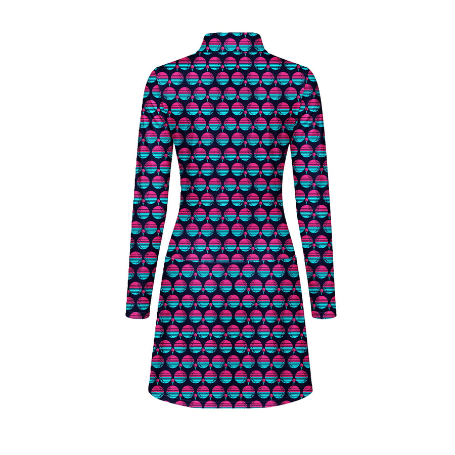 Back preview of Synthwave Bogey Sun Long Sleeve Dress with your team and number
