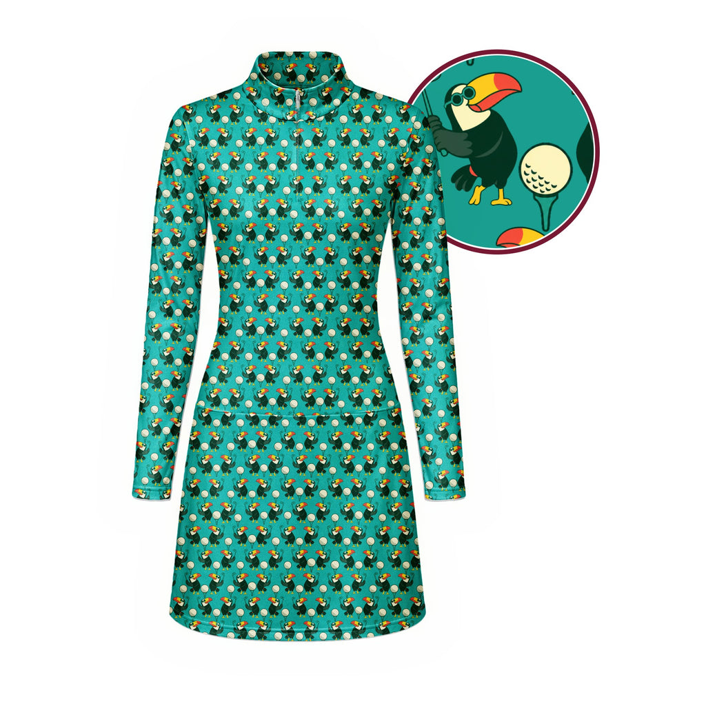 Toucan Tee Time Long Sleeve Golf Dress - Detail Close-up