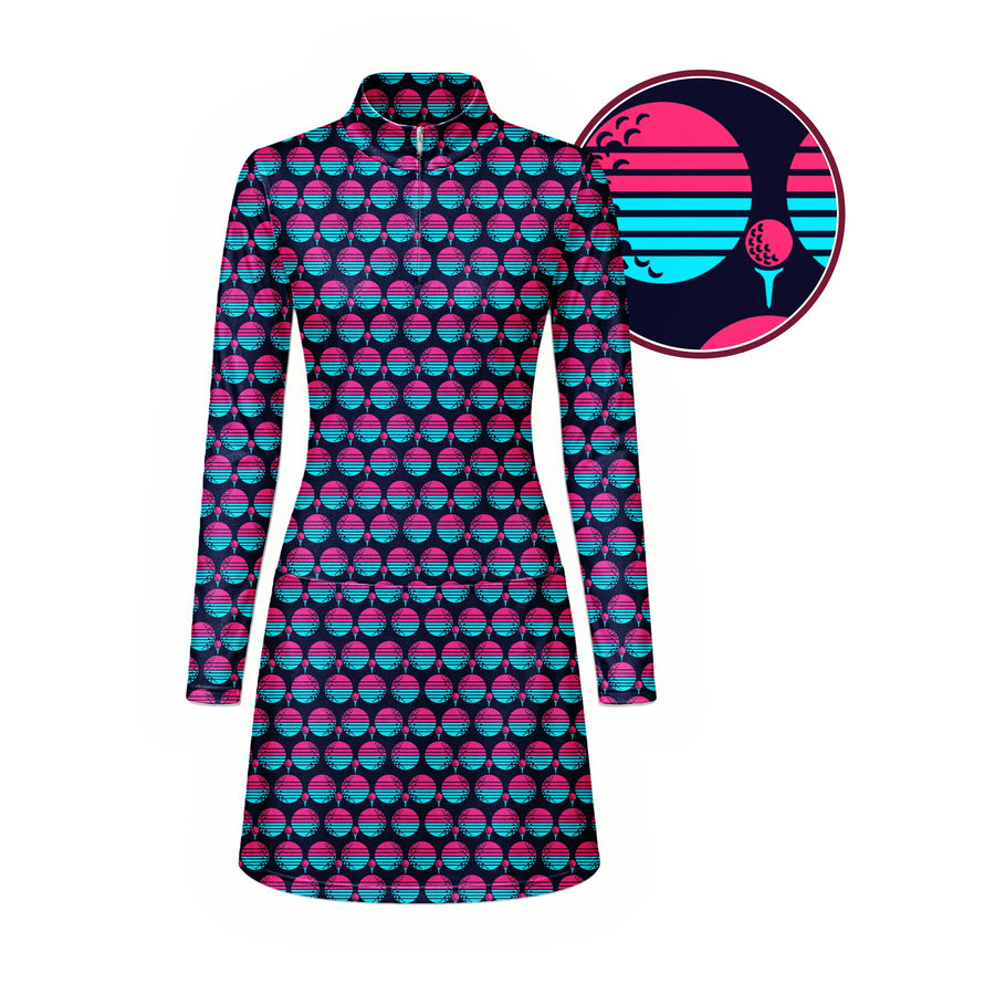 Front preview of Synthwave Bogey Sun Long Sleeve Dress with your name