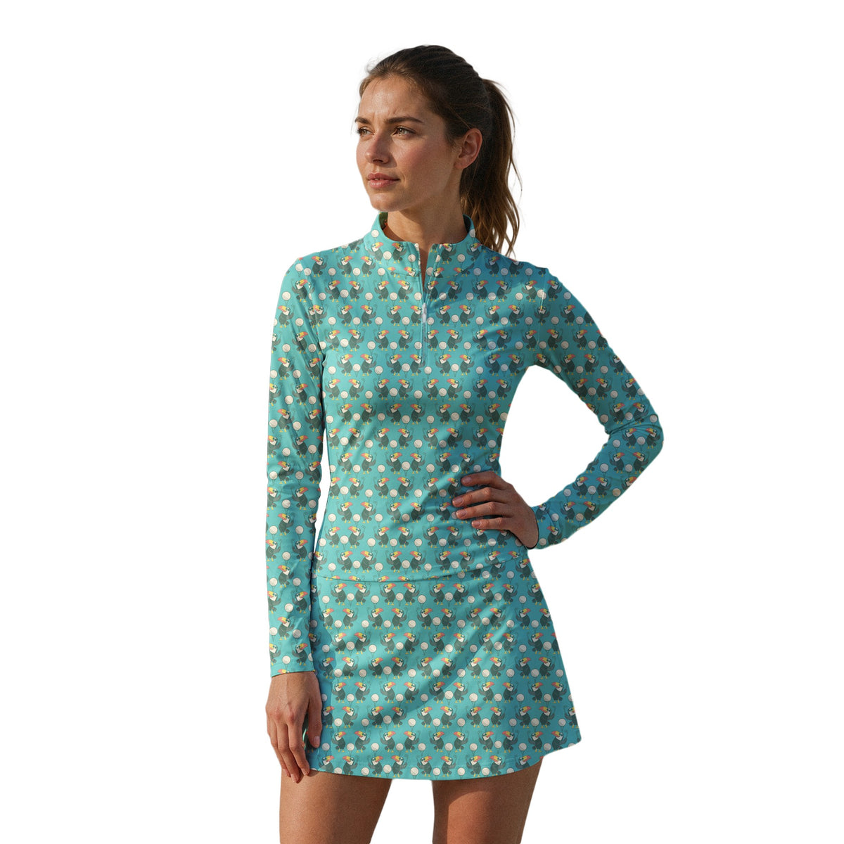 Toucan Tee Time Long Sleeve Golf Dress - Model Front