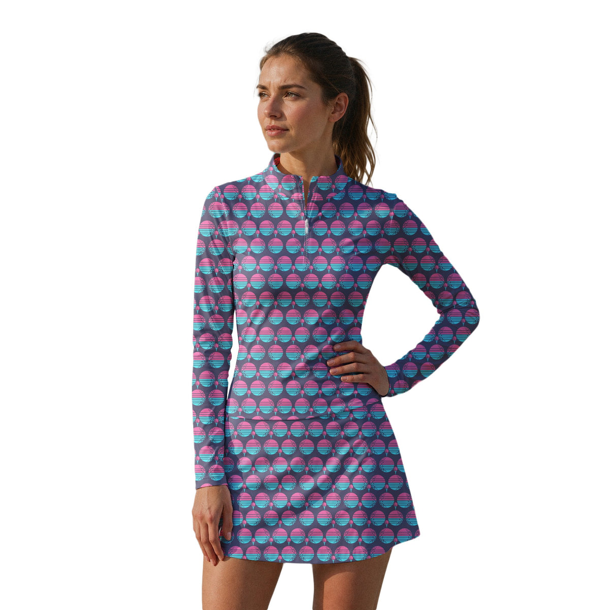 Synthwave Bogey Sun Long Sleeve Golf Dress - Model Front