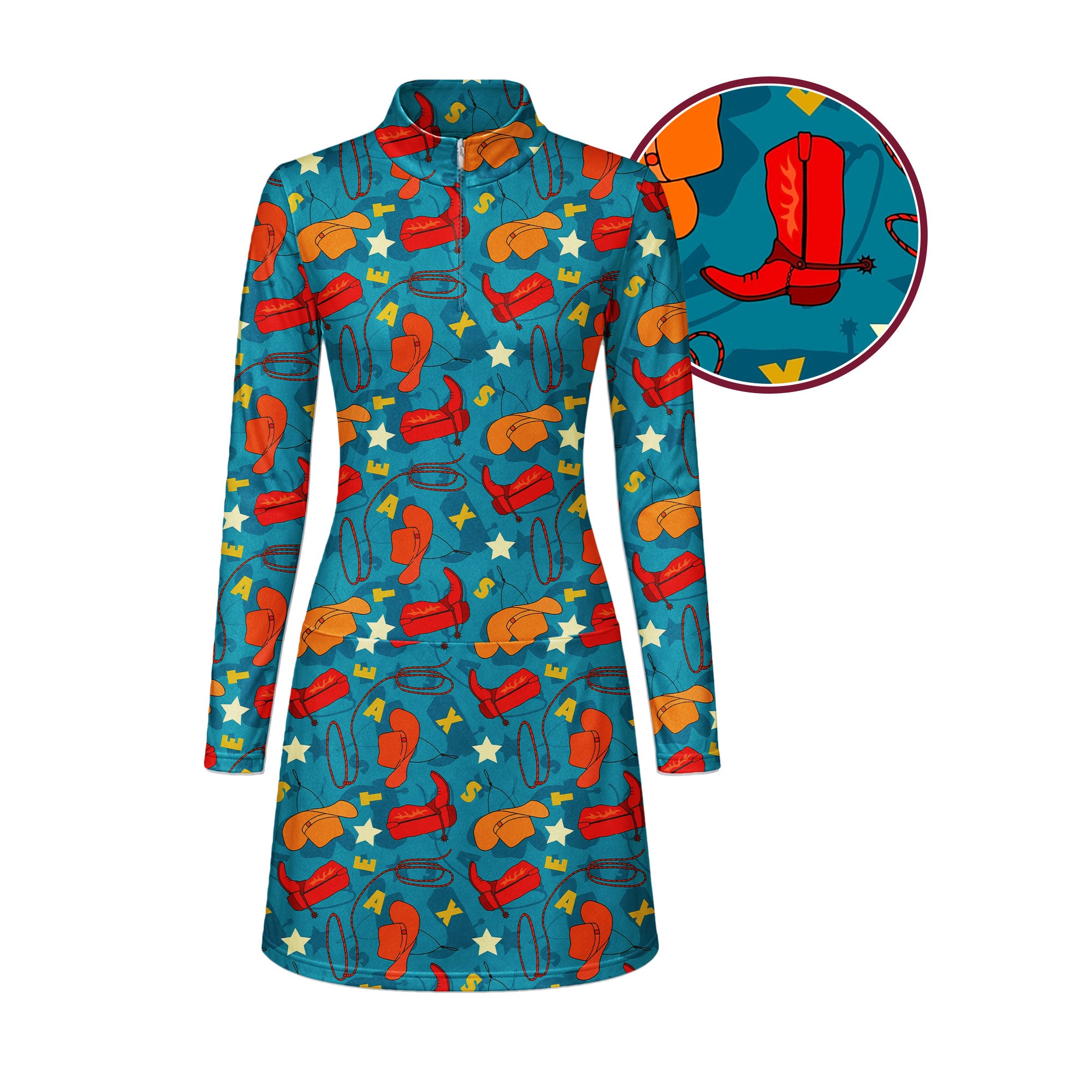 Texas Cowboy Style Green Long Sleeve Dress