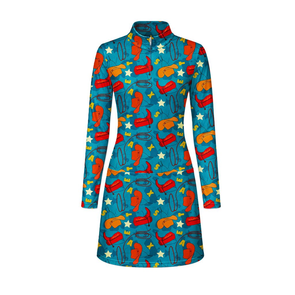 Texas Cowboy Style Green Long Sleeve Dress