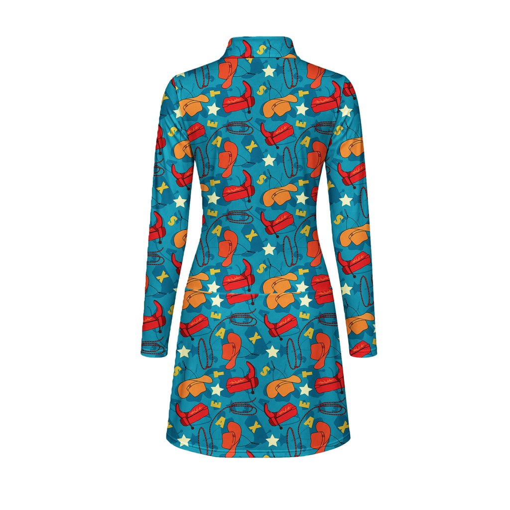 Texas Cowboy Style Green Long Sleeve Dress