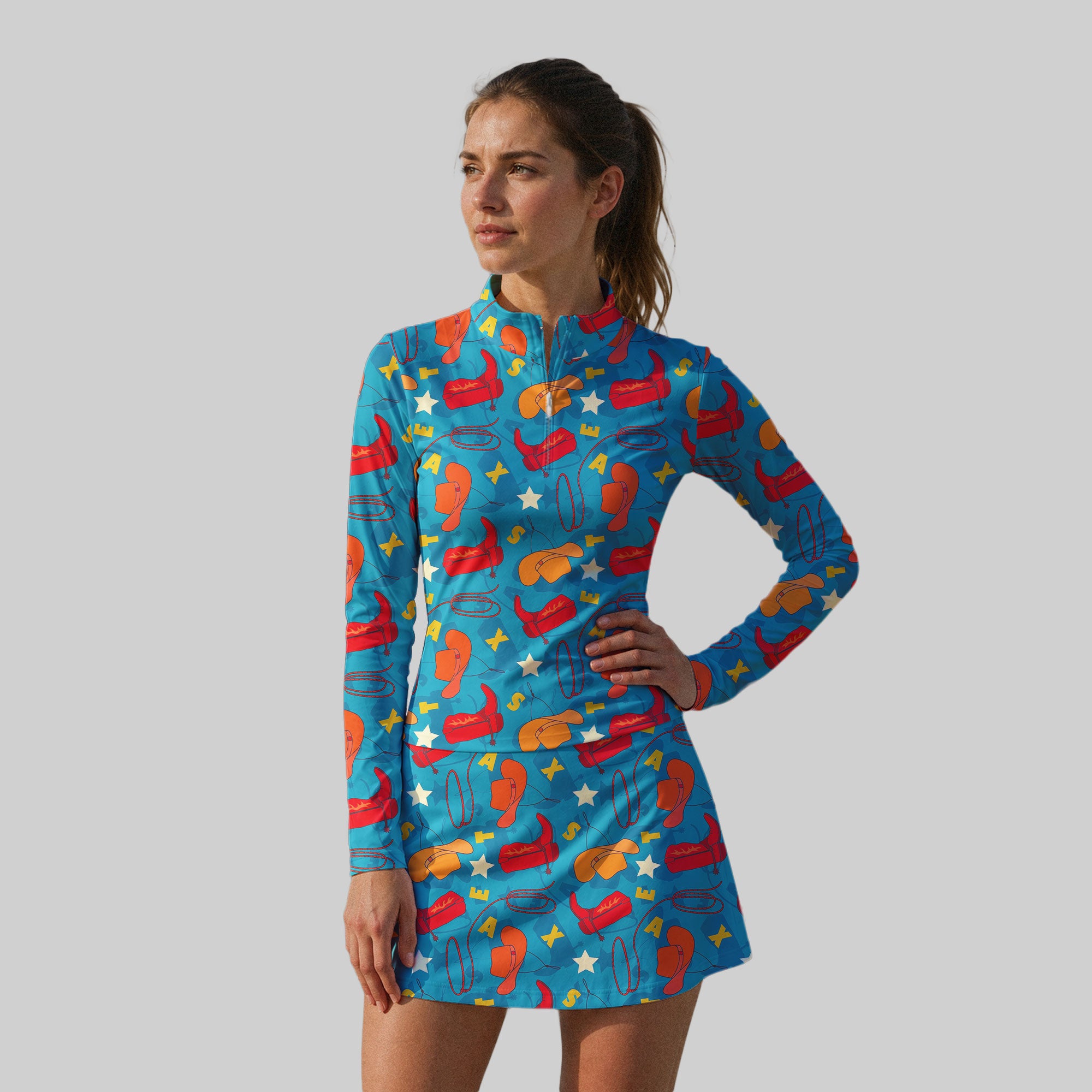 Texas Cowboy Style Green Long Sleeve Dress