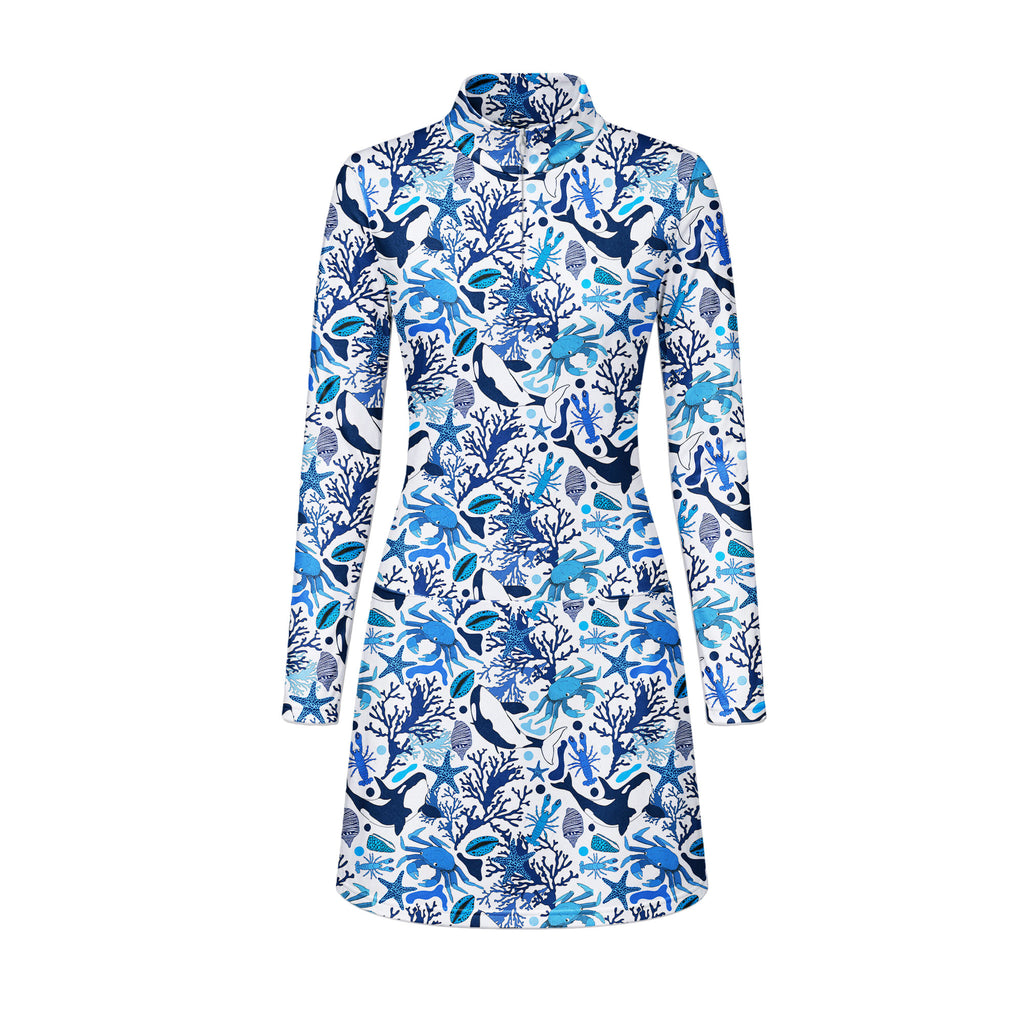 Life Of Ocean With Whales Crabs And Lobsters Long Sleeve Dress