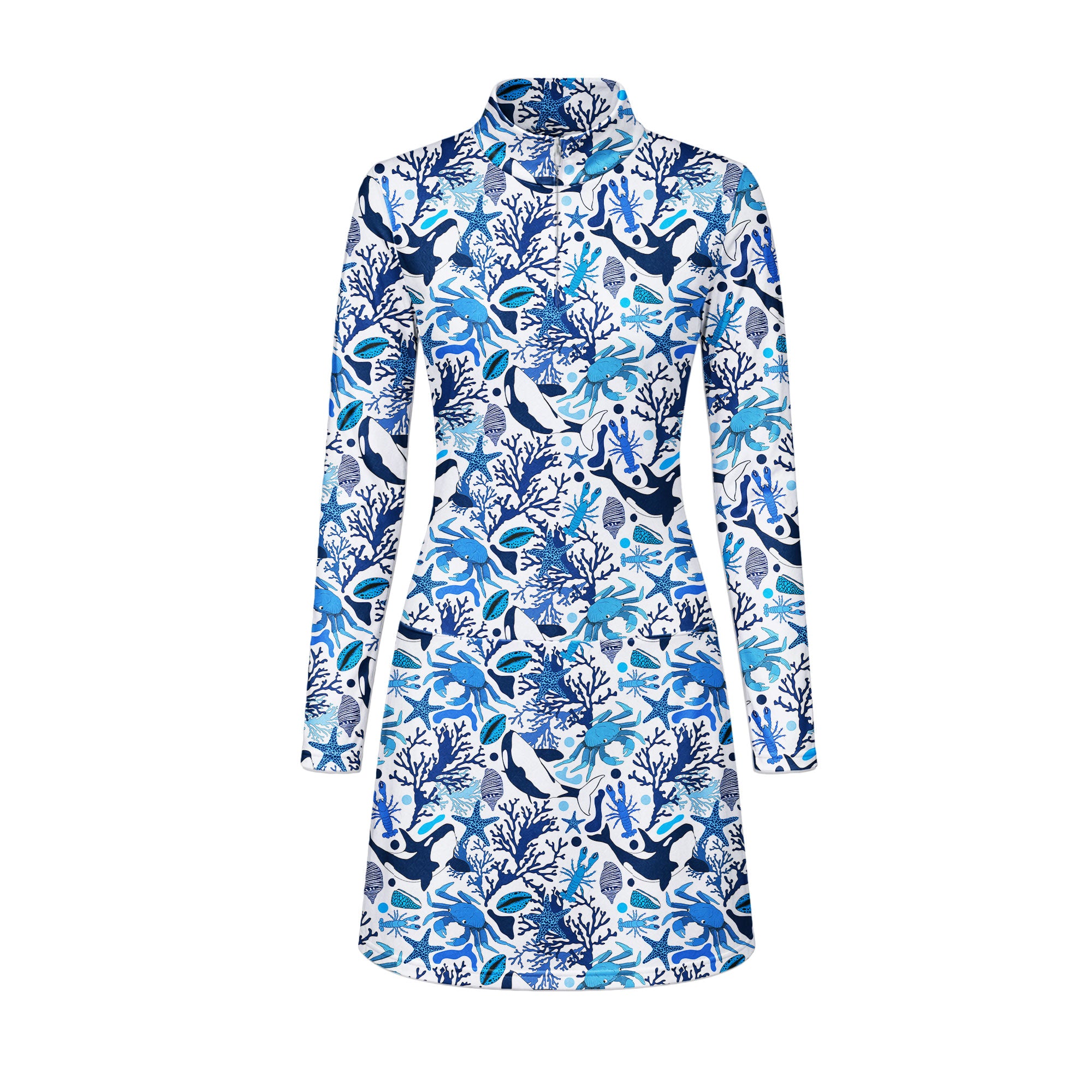 Life Of Ocean With Whales Crabs And Lobsters Long Sleeve Dress