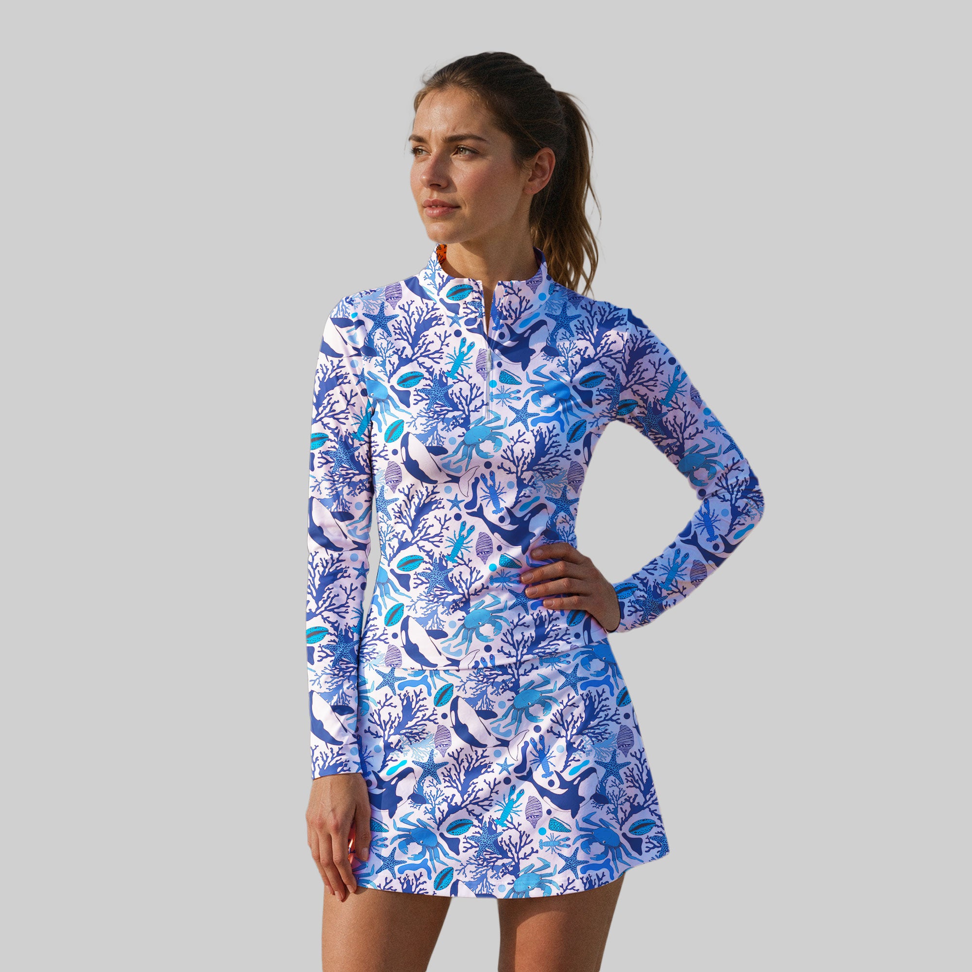 Life Of Ocean With Whales Crabs And Lobsters Long Sleeve Dress