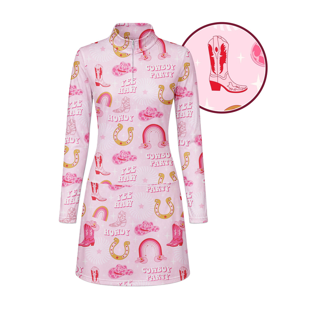 Rodeo Cowgirl Retro Horseshoe Cactus Pink Long Sleeve Dress