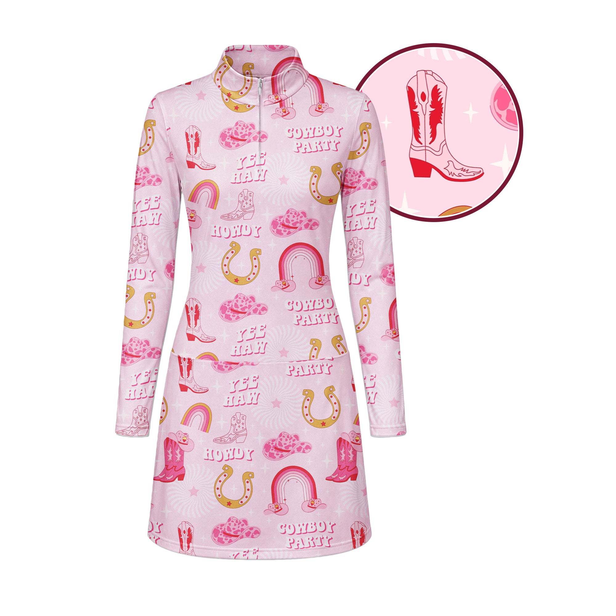 Rodeo Cowgirl Retro Horseshoe Cactus Pink Long Sleeve Dress