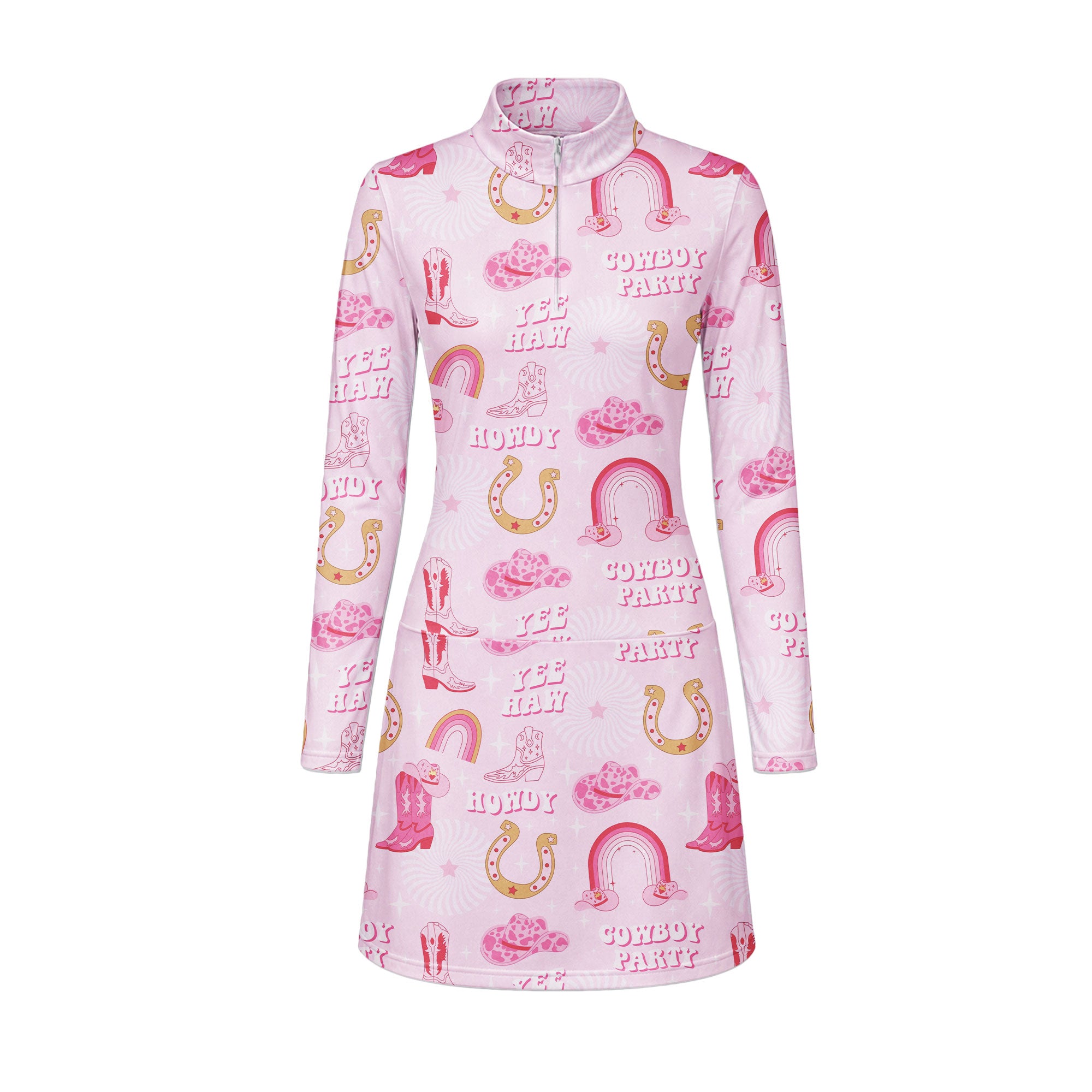 Rodeo Cowgirl Retro Horseshoe Cactus Pink Long Sleeve Dress