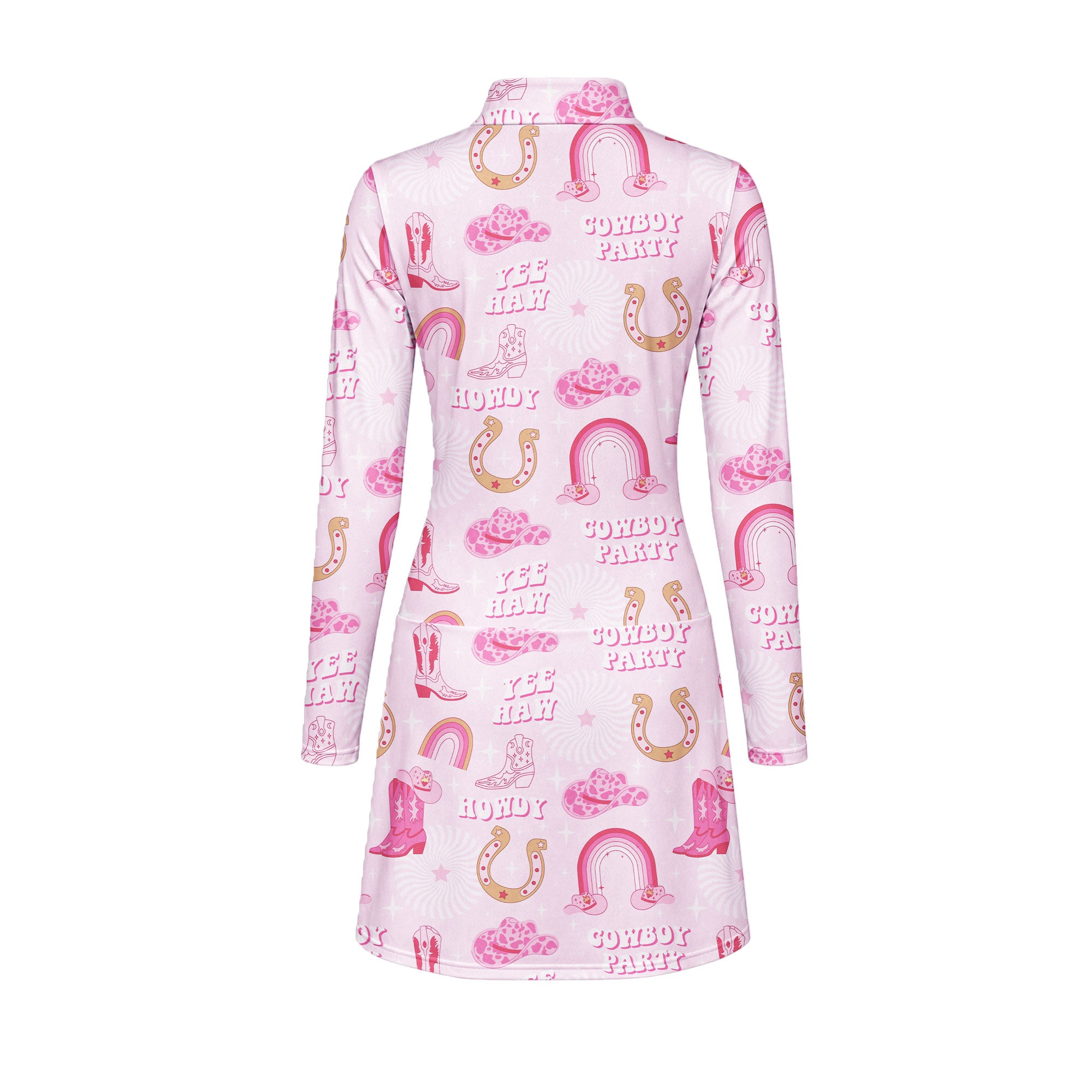 Rodeo Cowgirl Retro Horseshoe Cactus Pink Long Sleeve Dress