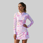 Rodeo Cowgirl Retro Horseshoe Cactus Pink Long Sleeve Dress