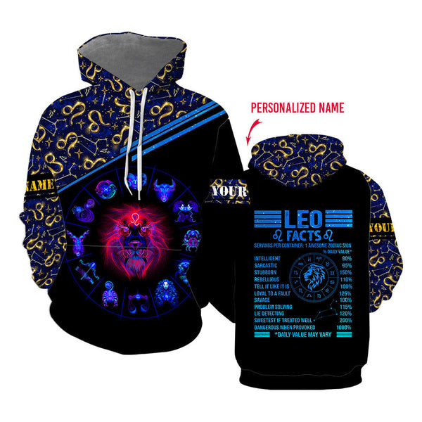 Leo Facts Colorful Lion Horoscope Zodiac Signs Custom Name Hoodie For Men & Women
