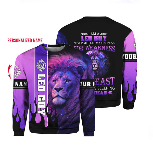 Leo Guy Lion Purple Galaxy Birthday Custom Name Crewneck Sweatshirt For Men & Women