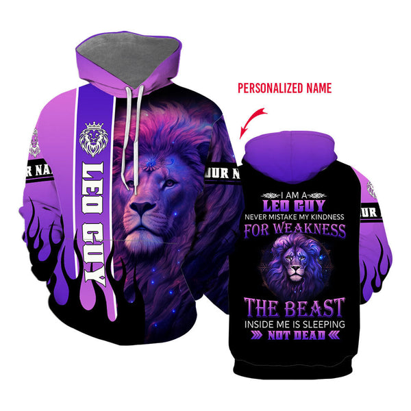 Leo Guy Lion Purple Galaxy Birthday Custom Name Hoodie For Men & Women