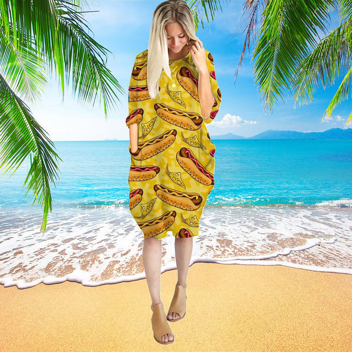 Life Is Better With Yellow Hot Dog Long Sleeve Midi Dress | MD1219