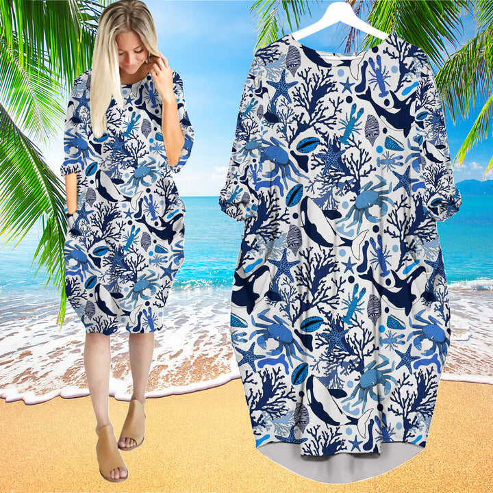 Life Of Ocean With Whales Crabs And Lobsters Long Sleeve Midi Dress | MD1391